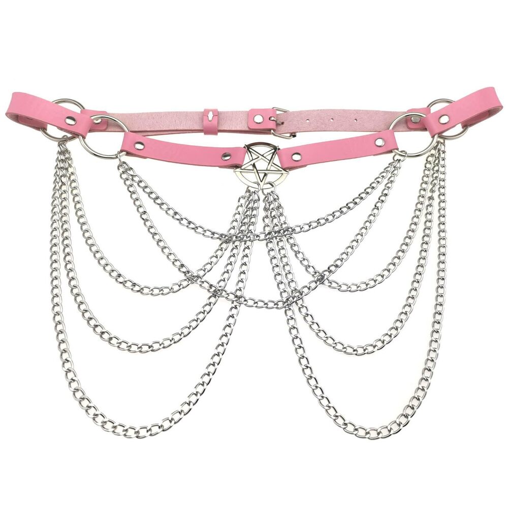 2180 Pink PU Simulated Leather Pentacle Star O Ring Chain Tassel Adjustable